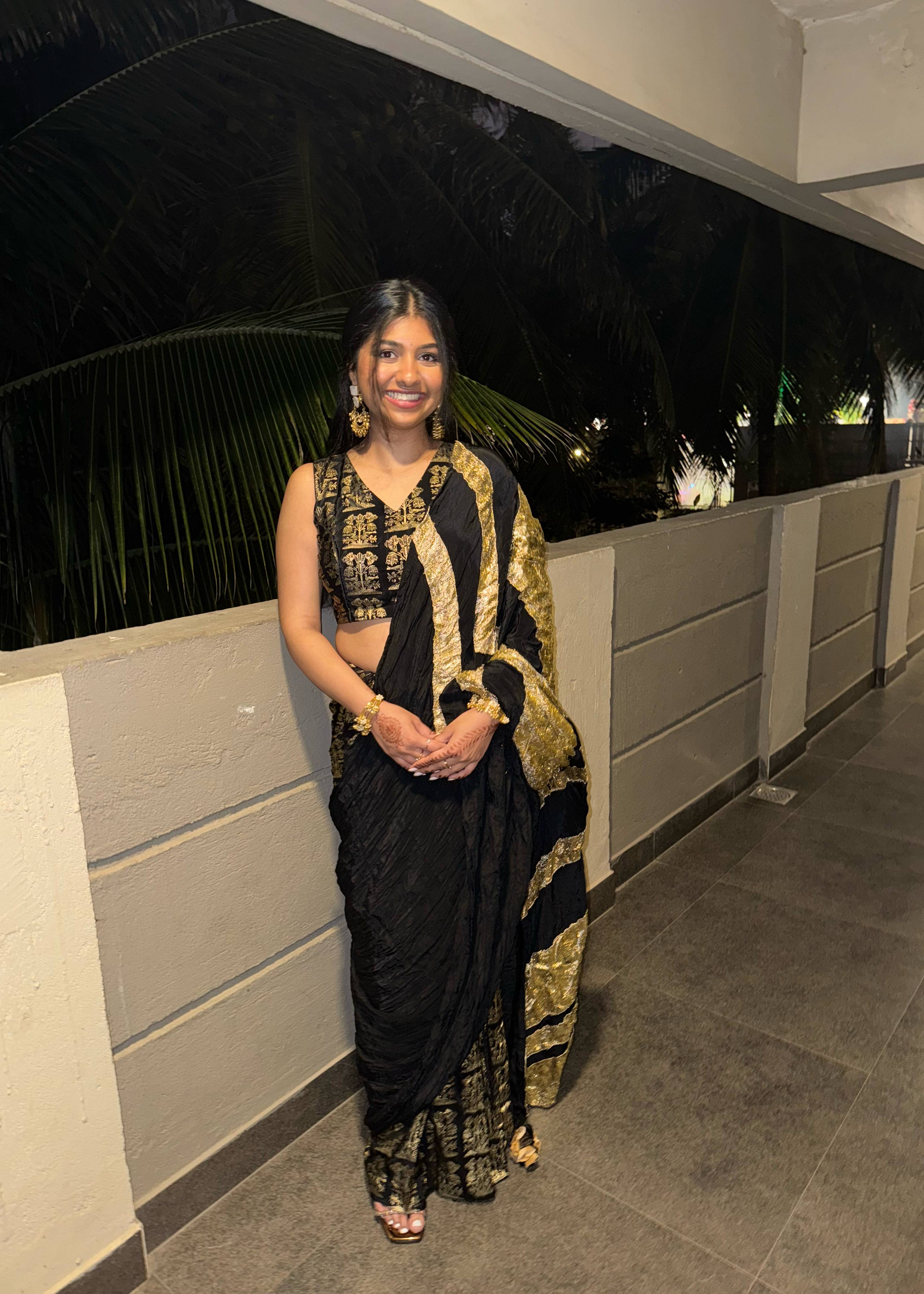 Black Gold-Striped Sari Image - 1