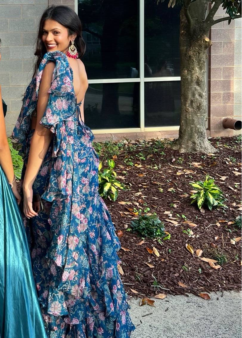 Teal Floral Pre-Draped Sari Image - 2