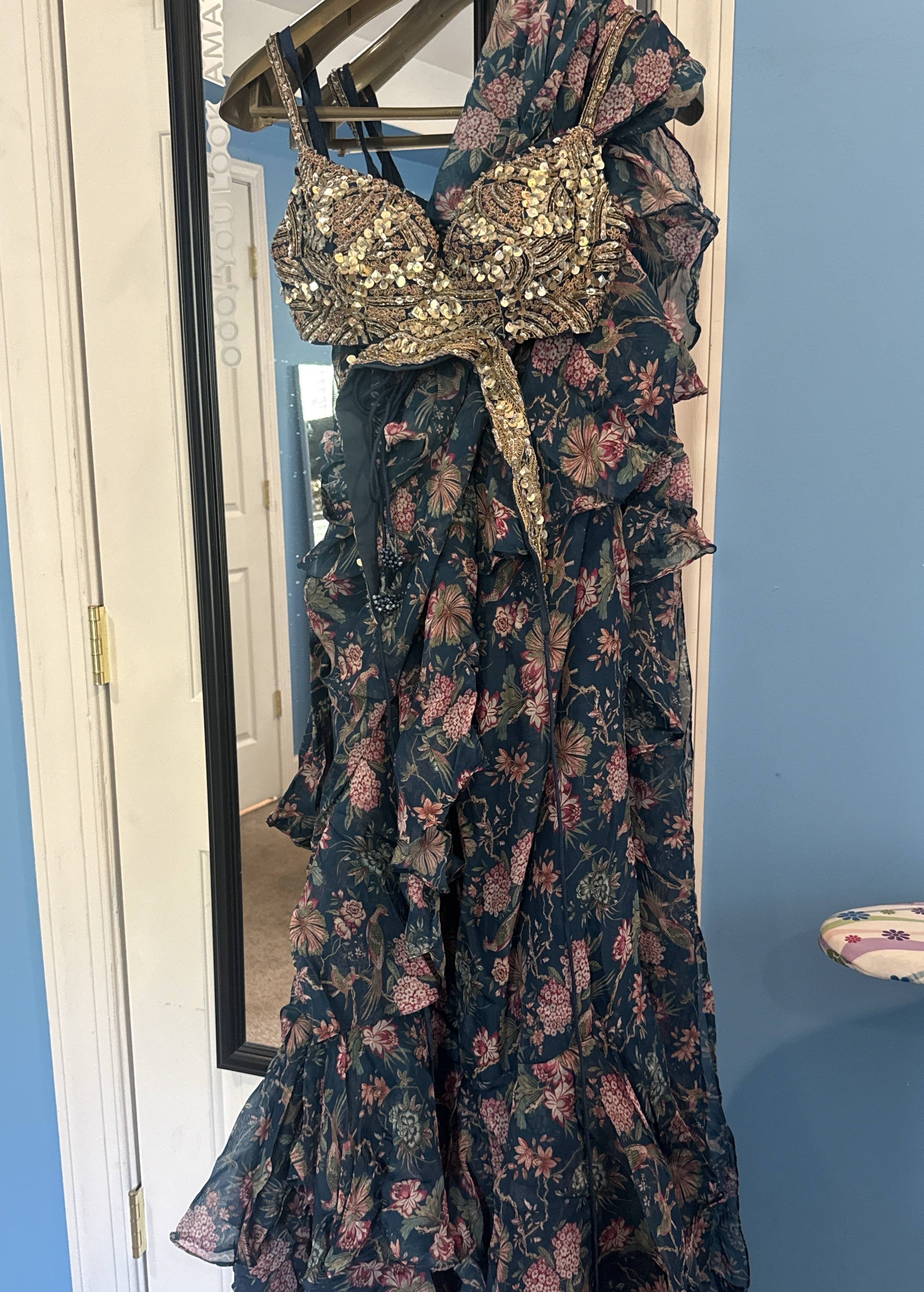 Teal Floral Pre-Draped Sari Image - 4