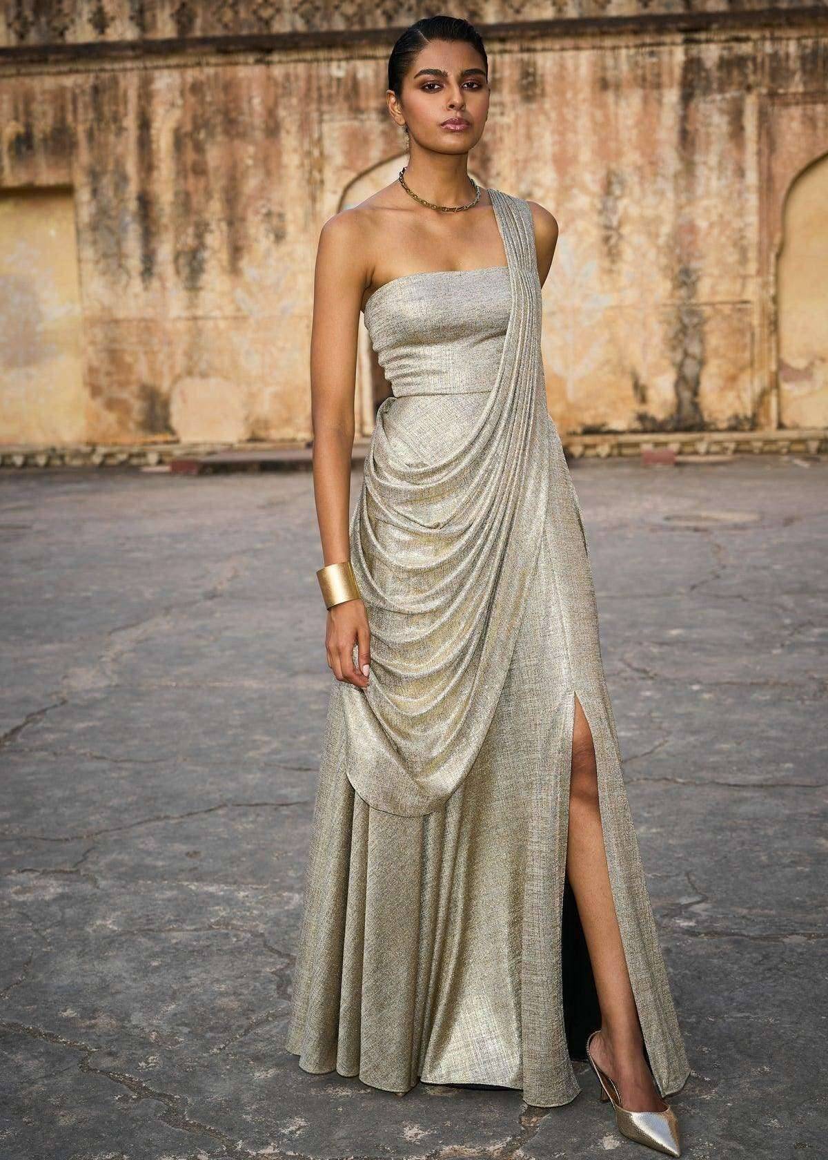 Gold One-Shoulder Draped Gown Image - 4