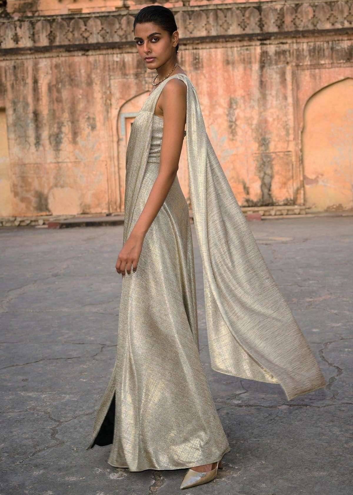 Gold One-Shoulder Draped Gown Image - 6