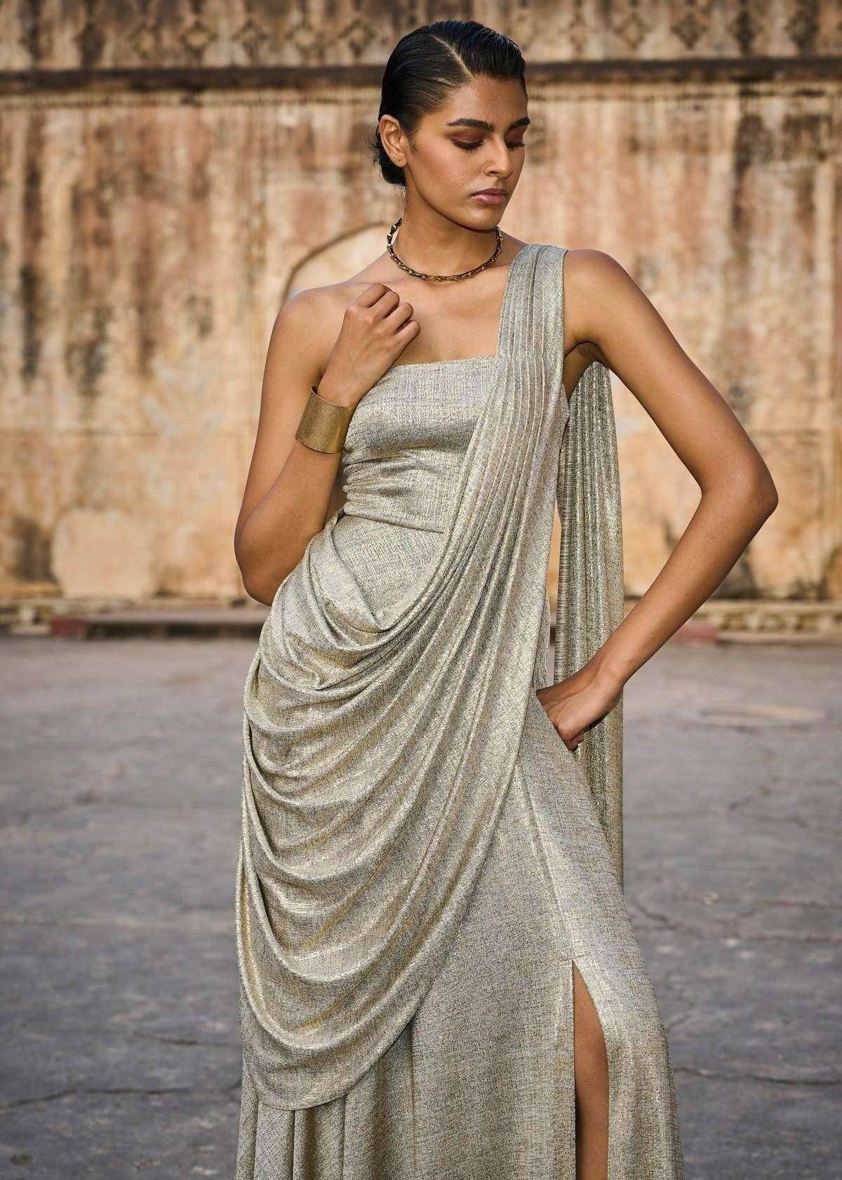 Gold One-Shoulder Draped Gown Image - 2