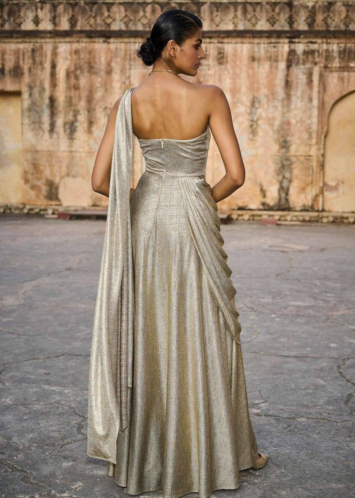 Gold One-Shoulder Draped Gown Image - 5