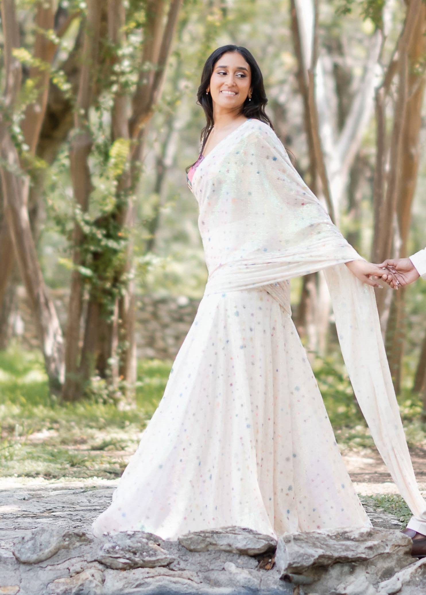 Crystalis Ivory Sequin Pre-Drape Sari Image - 5
