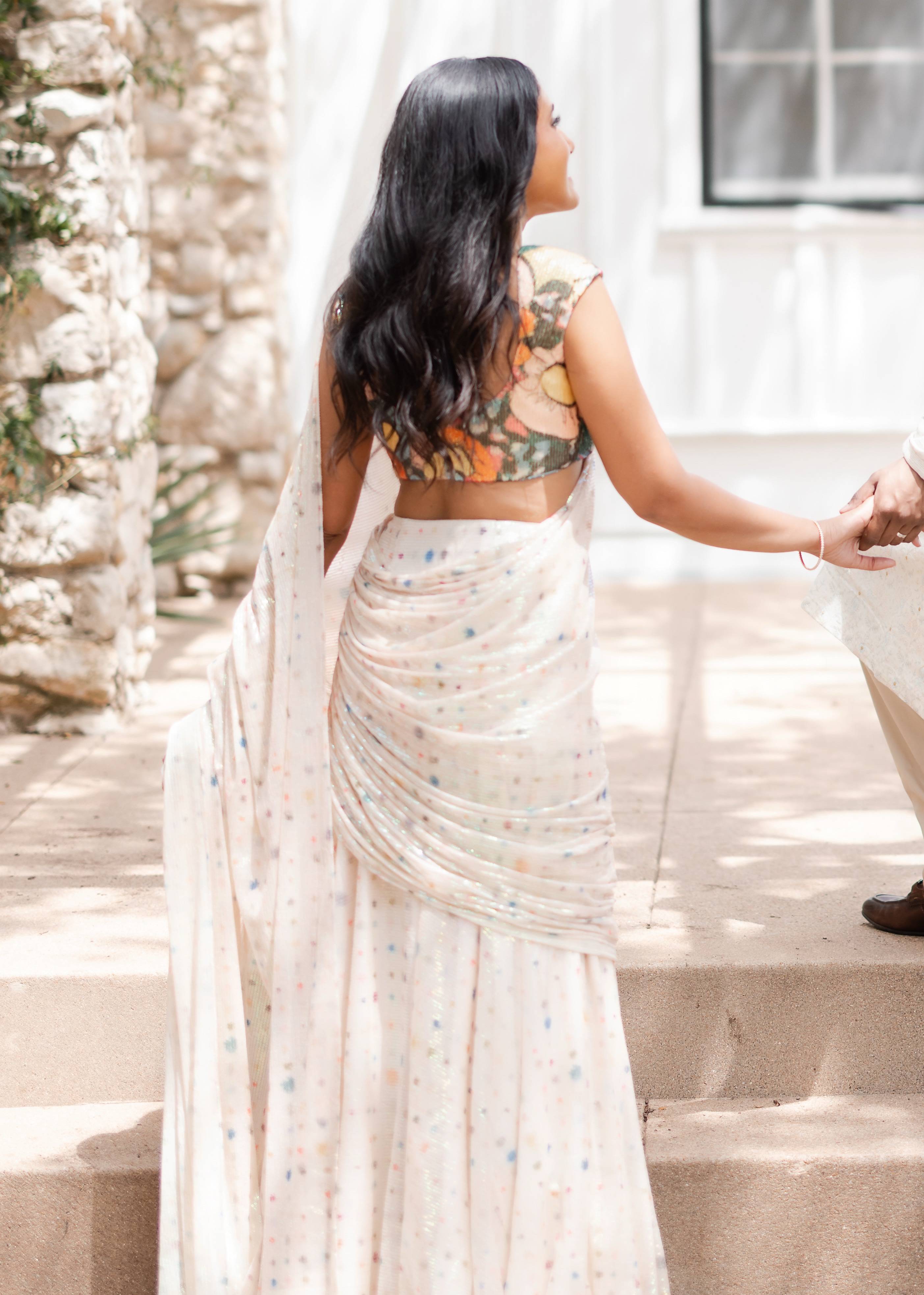 Crystalis Ivory Sequin Pre-Drape Sari Image - 2