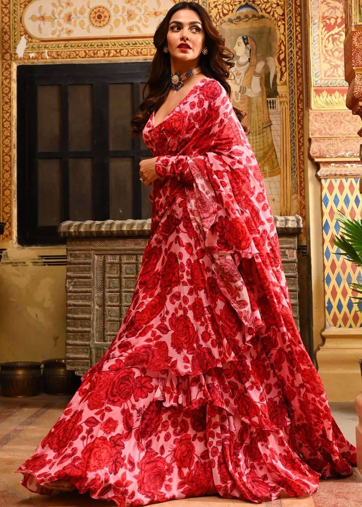 Red Floral Print Pre-Draped Sari Image - 3