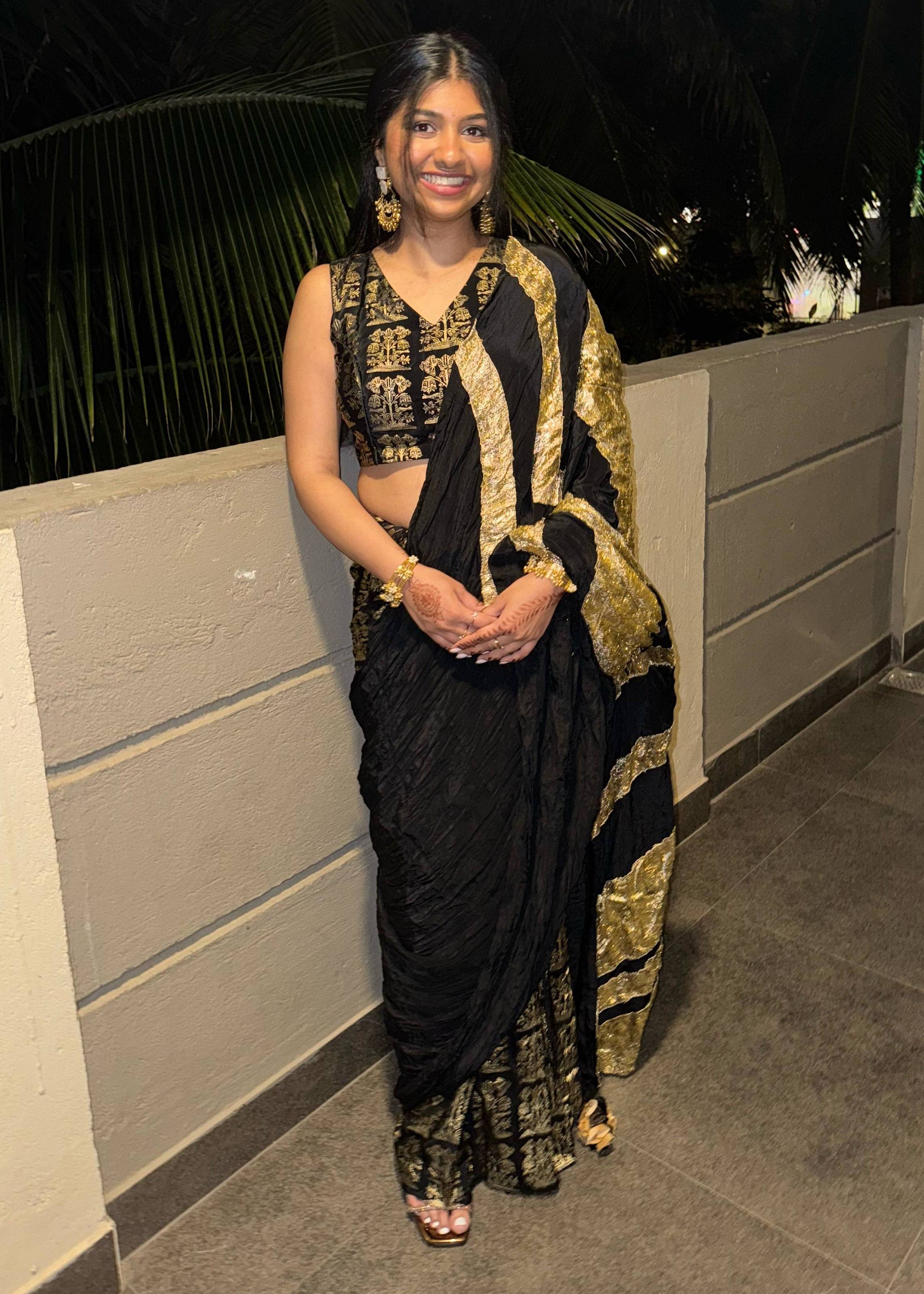Black Gold-Striped Sari Image - 0