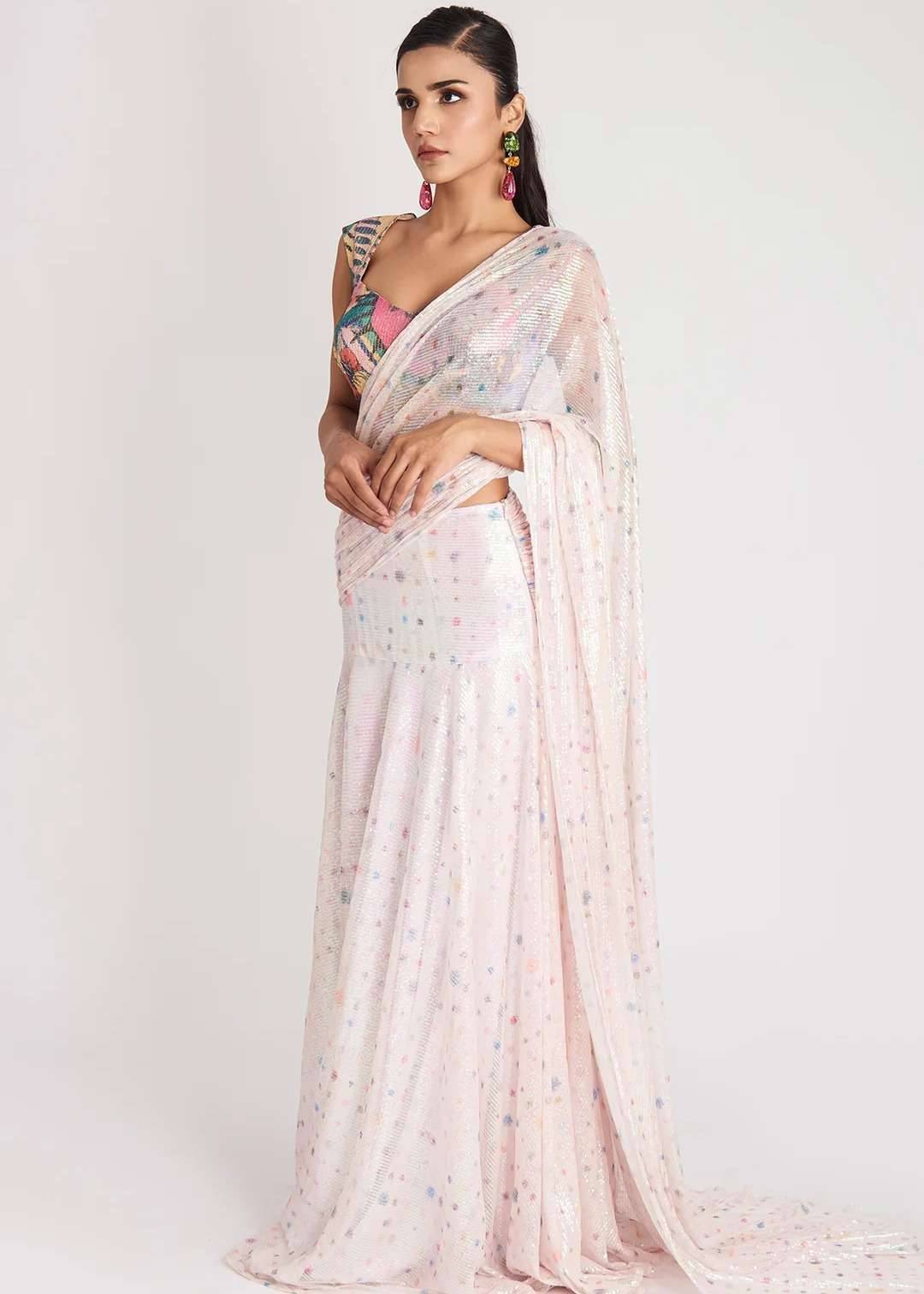 Crystalis Ivory Sequin Pre-Drape Sari Image - 6