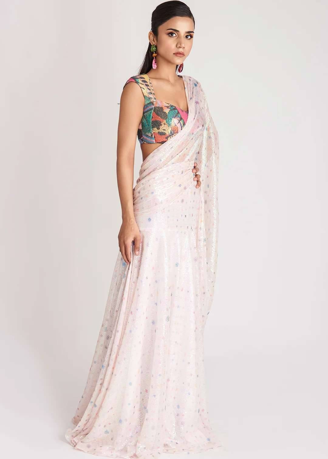 Crystalis Ivory Sequin Pre-Drape Sari Image - 7