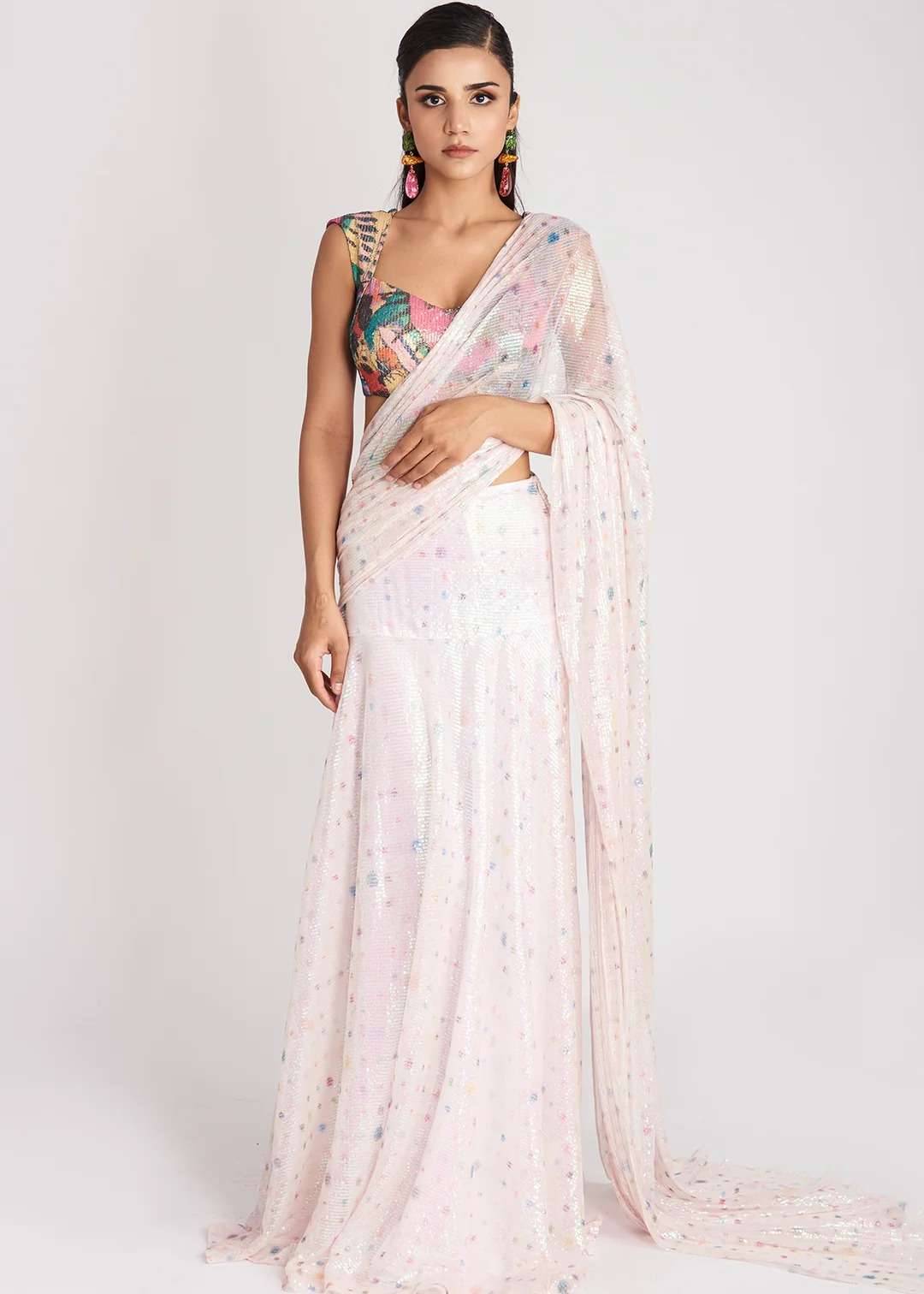 Crystalis Ivory Sequin Pre-Drape Sari Image - 0