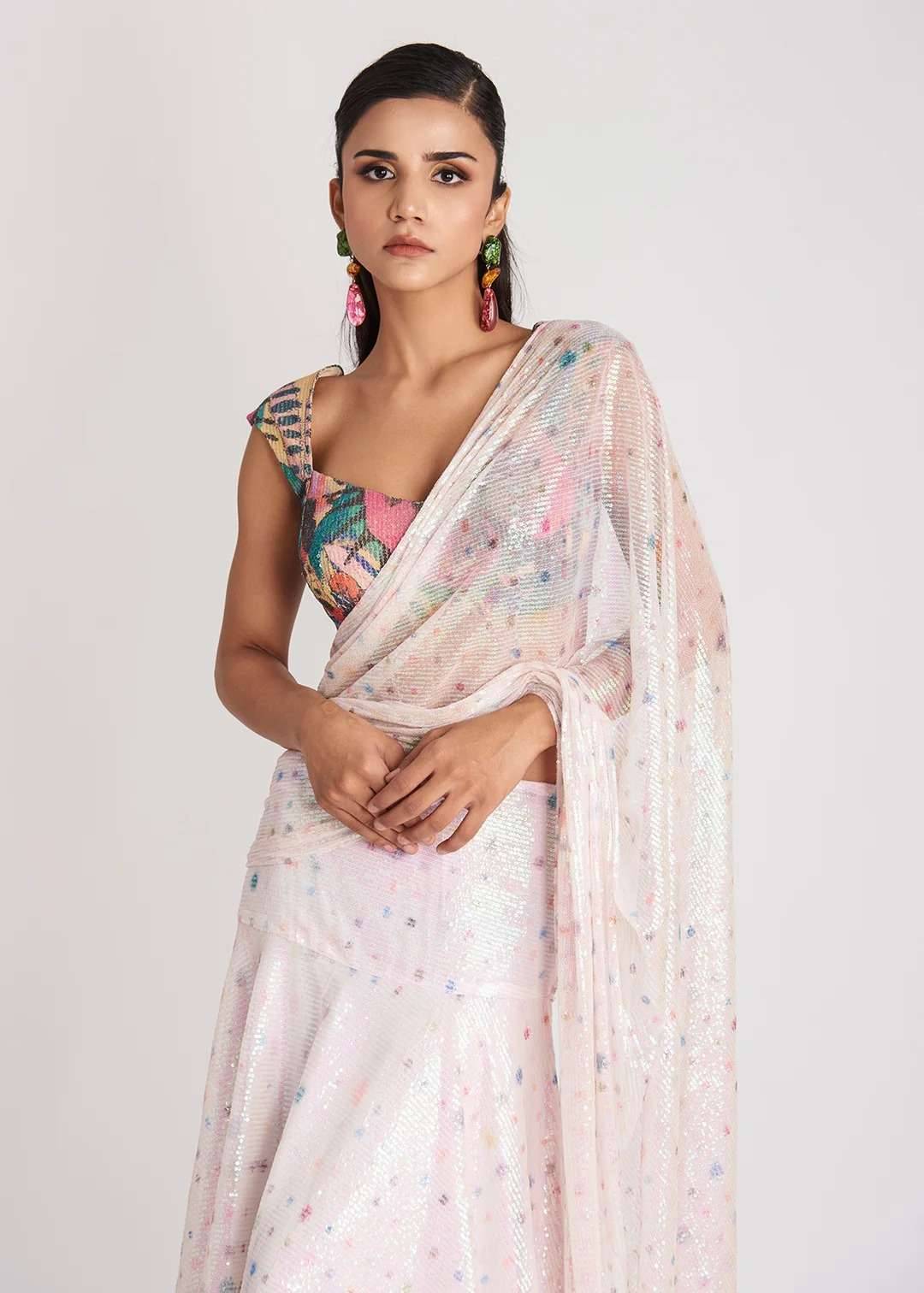Crystalis Ivory Sequin Pre-Drape Sari Image - 3