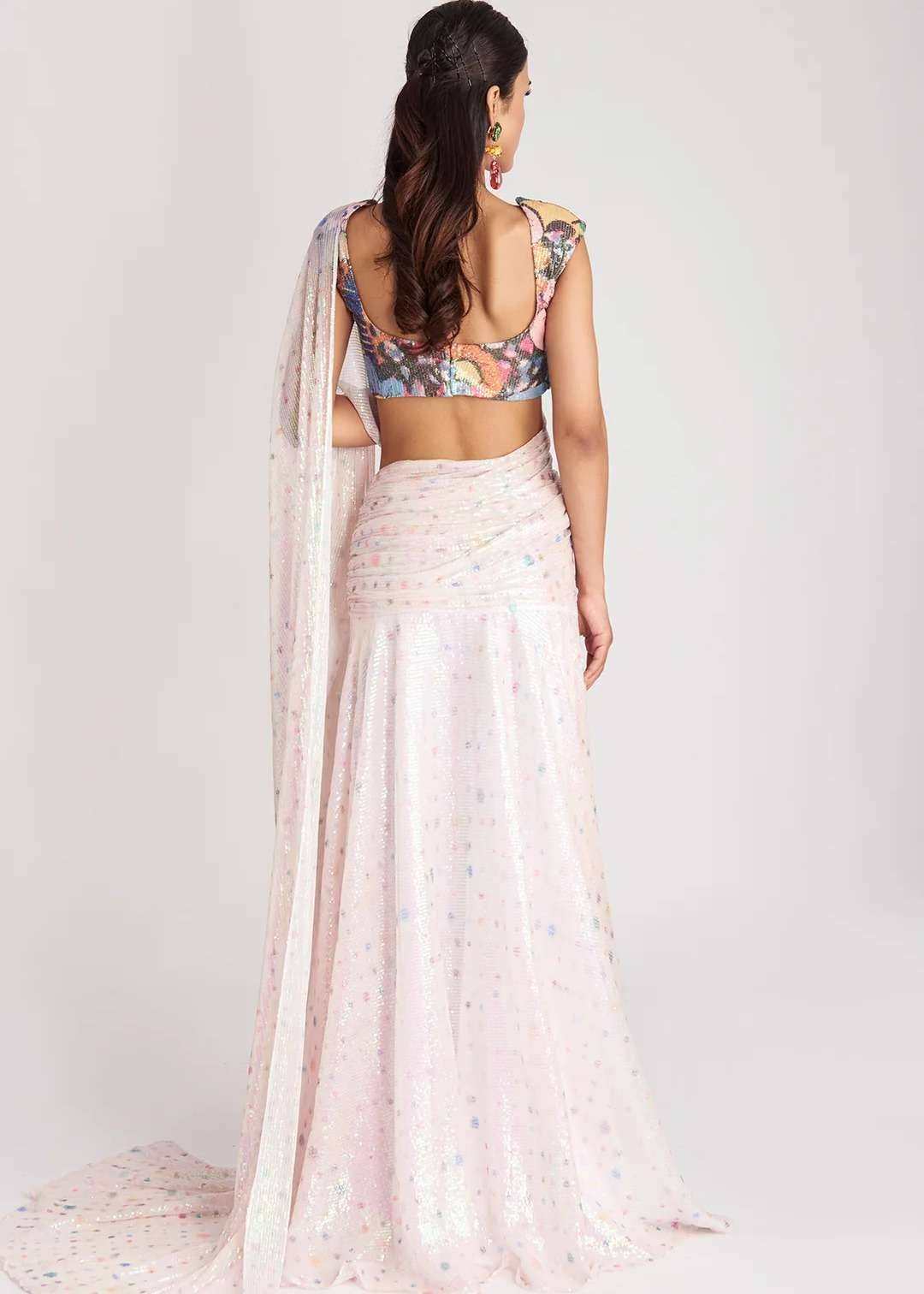 Crystalis Ivory Sequin Pre-Drape Sari Image - 1