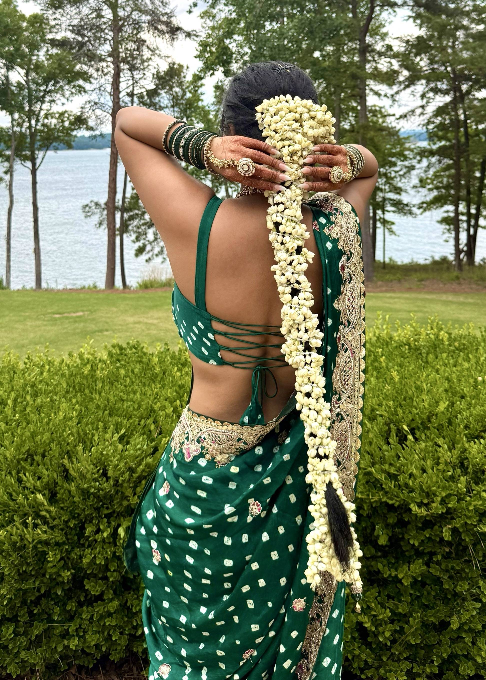 Green Bandhani Sari Image - 1
