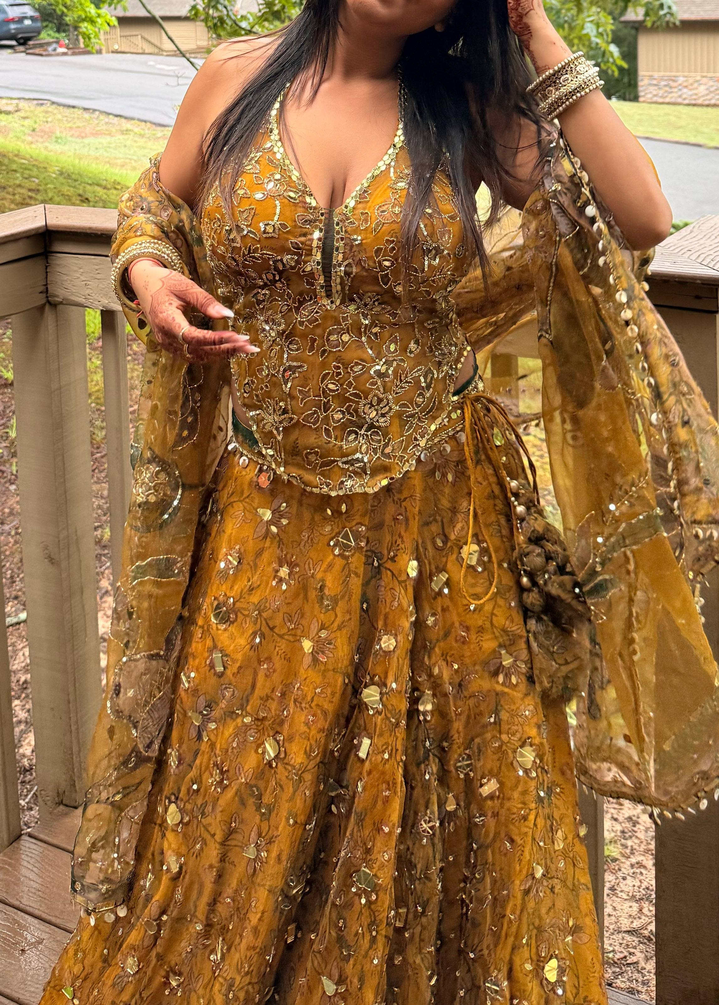 Golden Yellow Mirrorwork Lehenga Image - 2