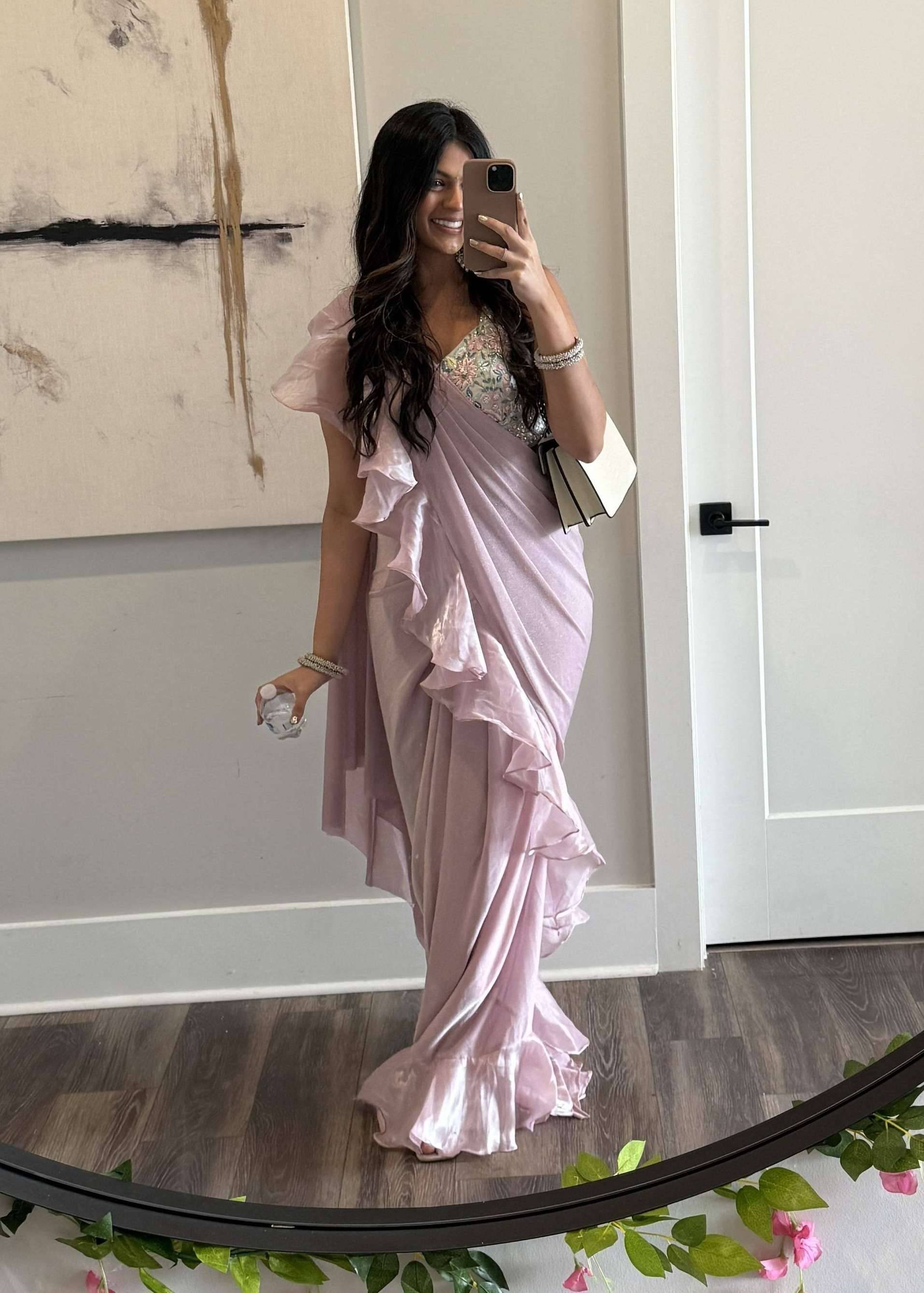Pastel Pink Floral Pre-Draped Sari Image - 0