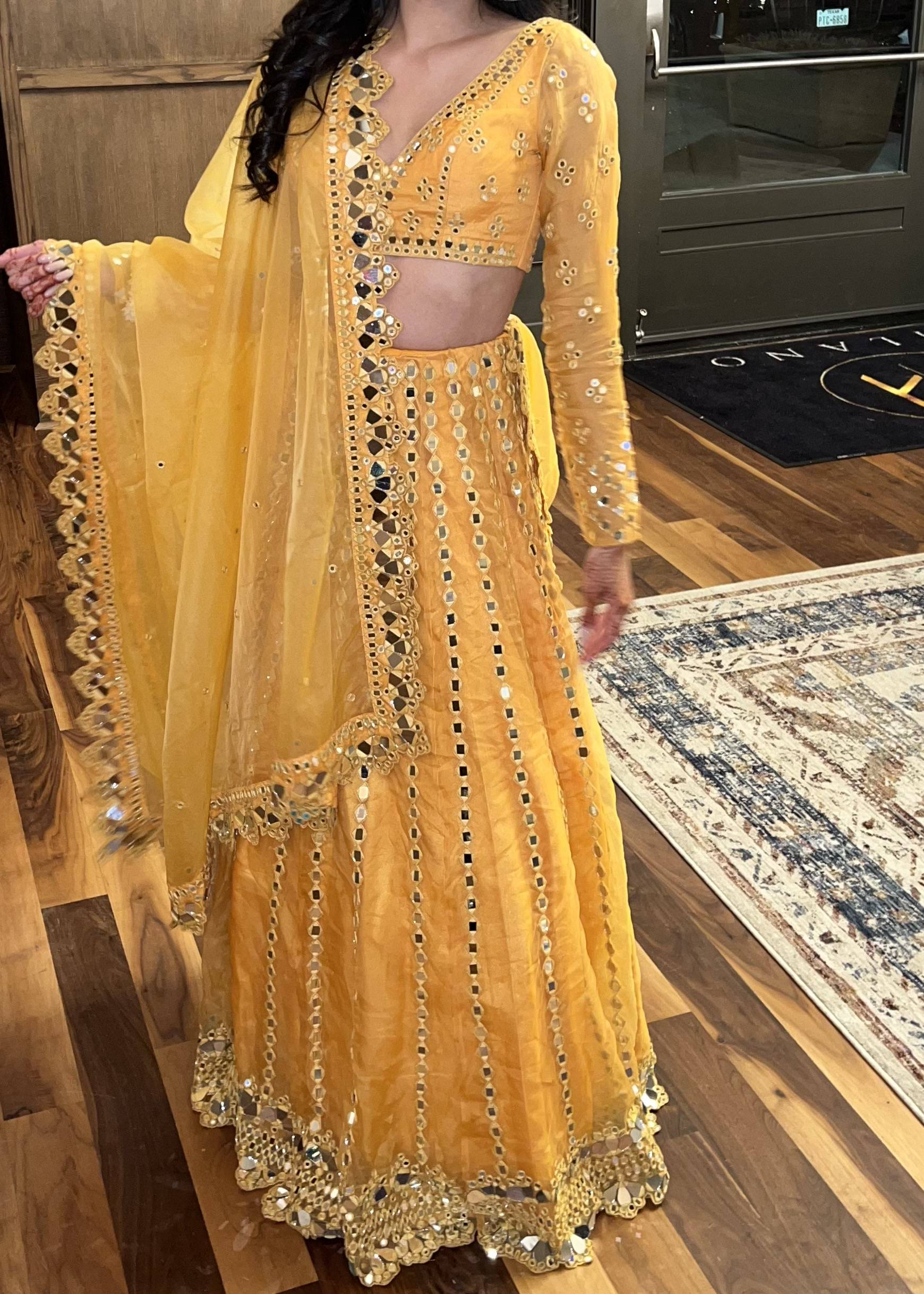 Marigold Yellow Mirrorwork Lehenga Image - 2