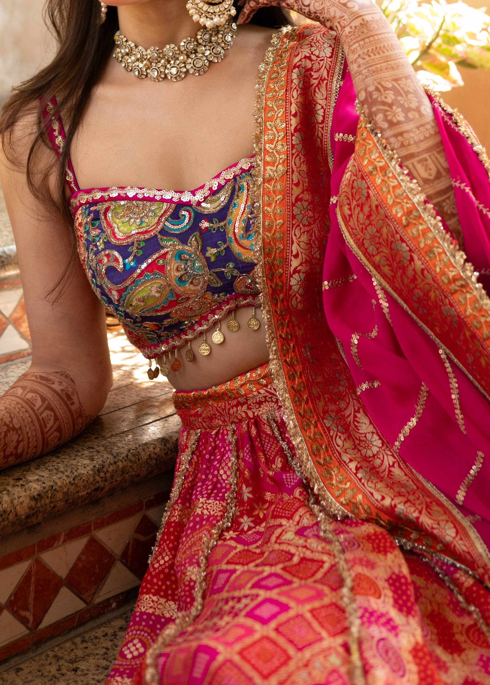Pink and Orange Bandhani Lehenga Image - 4