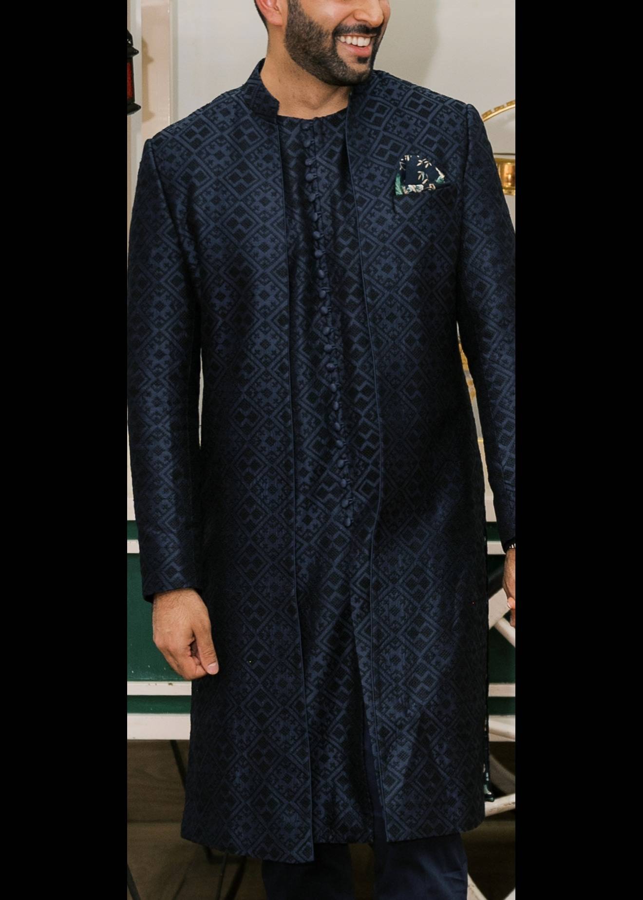 Navy & Black Chanderi Silk Jacket Set Image - 4
