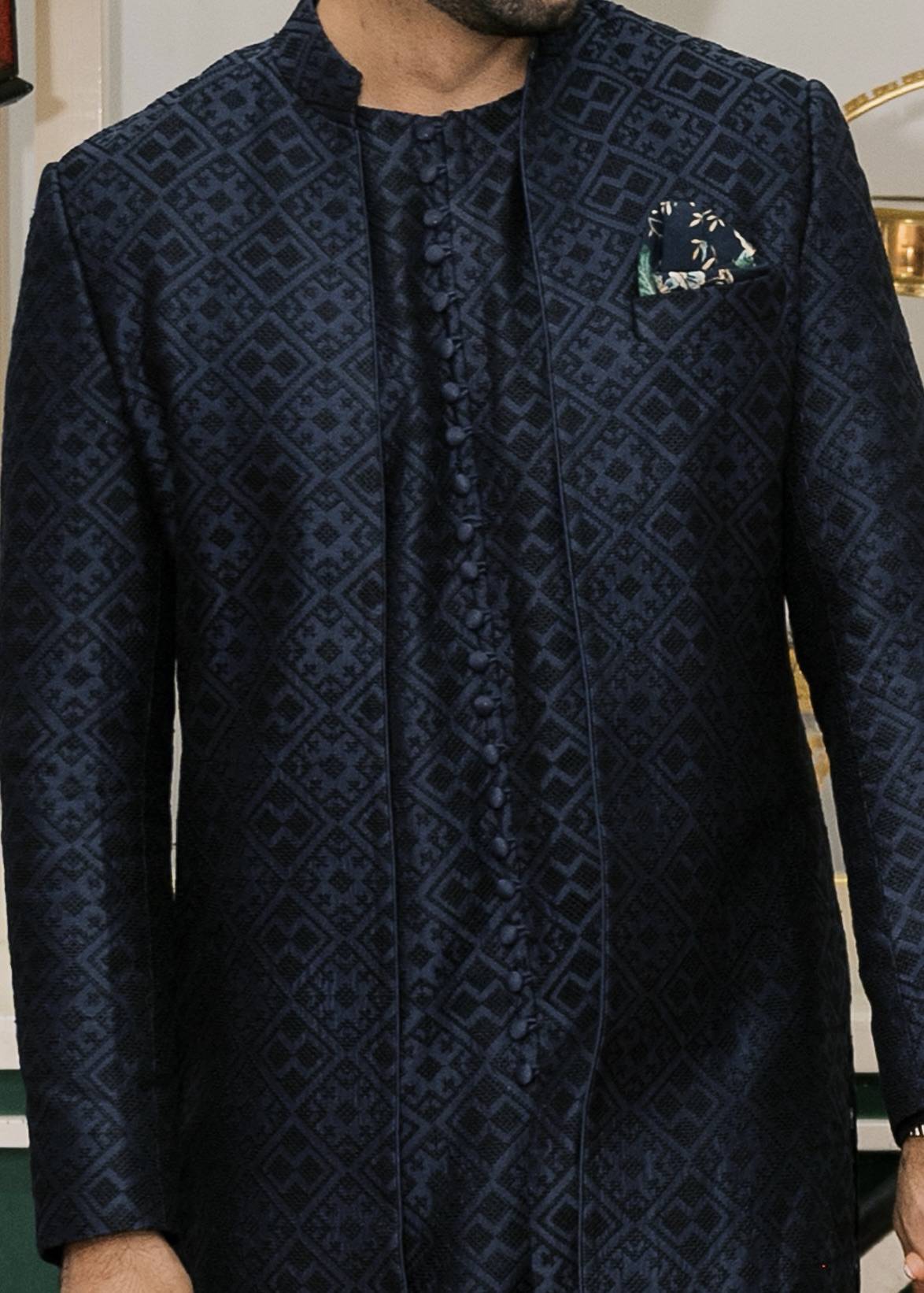 Navy & Black Chanderi Silk Jacket Set Image - 2