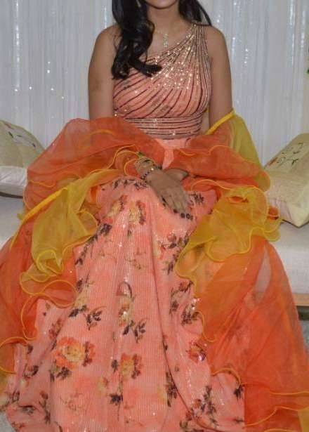 Peach Floral Sequin Lehenga Image - 2