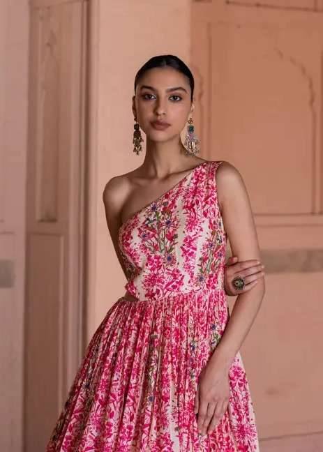 Pink Floral One-Shoulder Gown Image - 2
