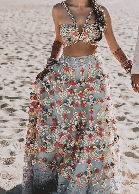 Pastel Blue Floral Mirrorwork Lehenga Image - 0
