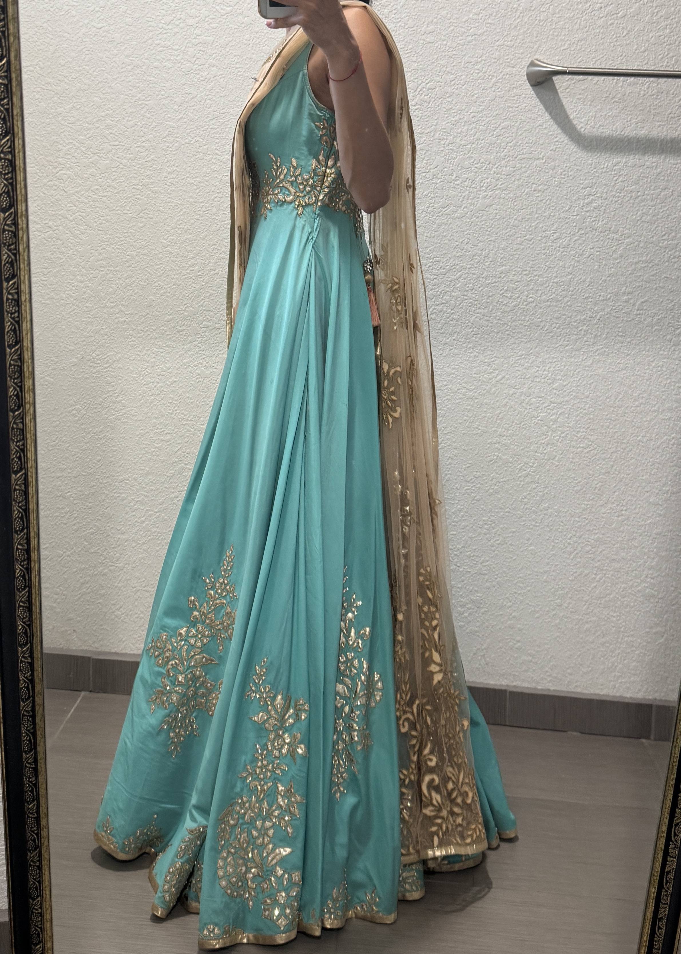 Teal Gold-Embroidered Anarkali Image - 1