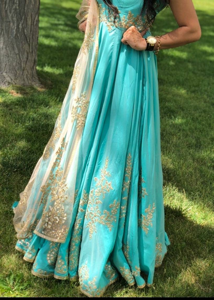 Teal Gold-Embroidered Anarkali Image - 4