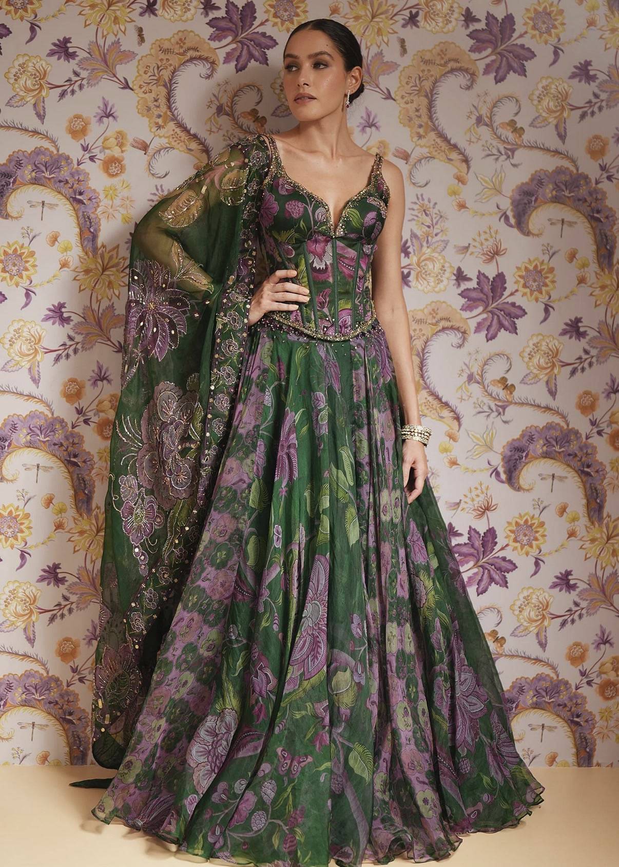 Green Floral Corset Lehenga Image - 2