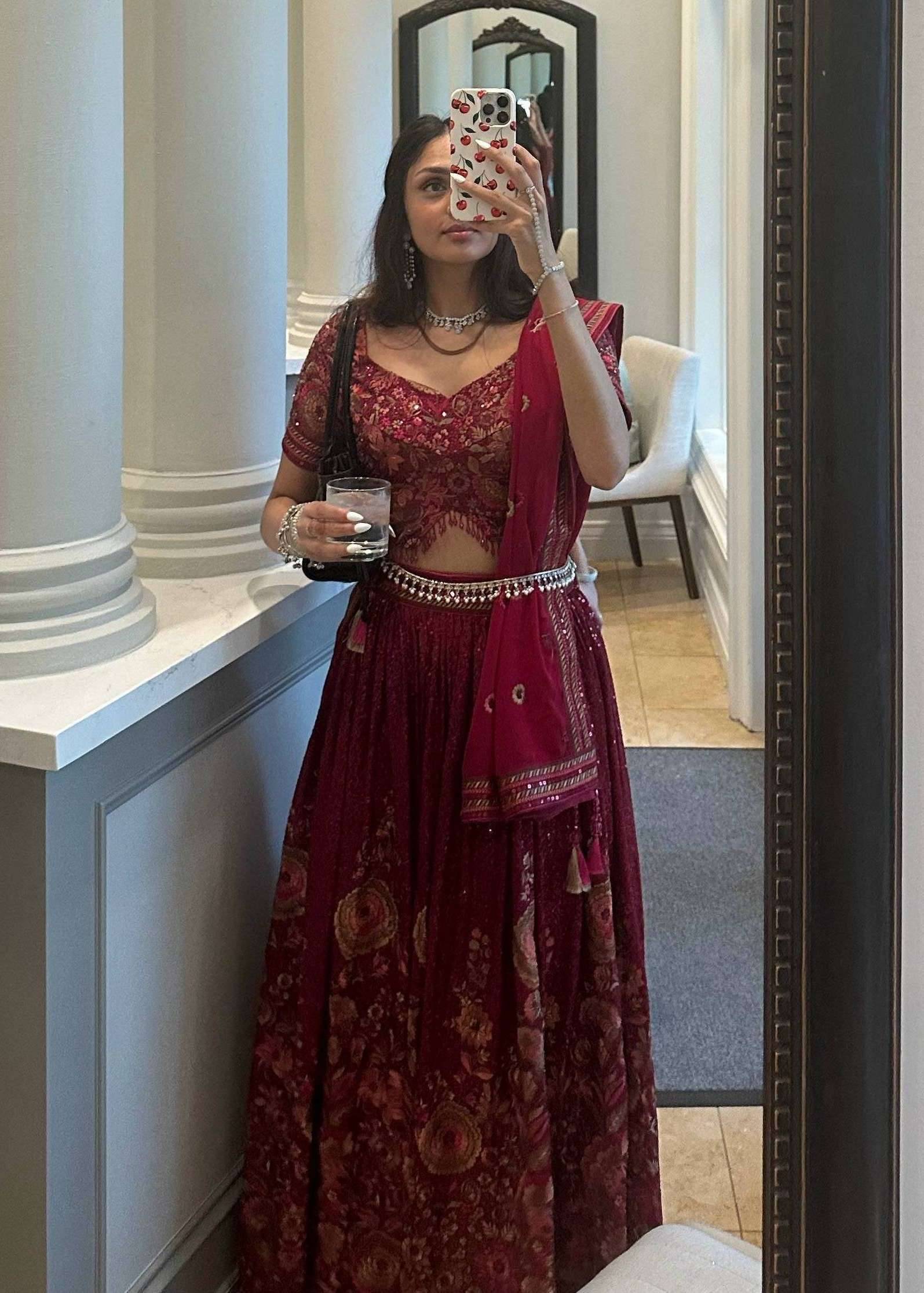 Maroon Floral Sequin Lehenga Image - 0