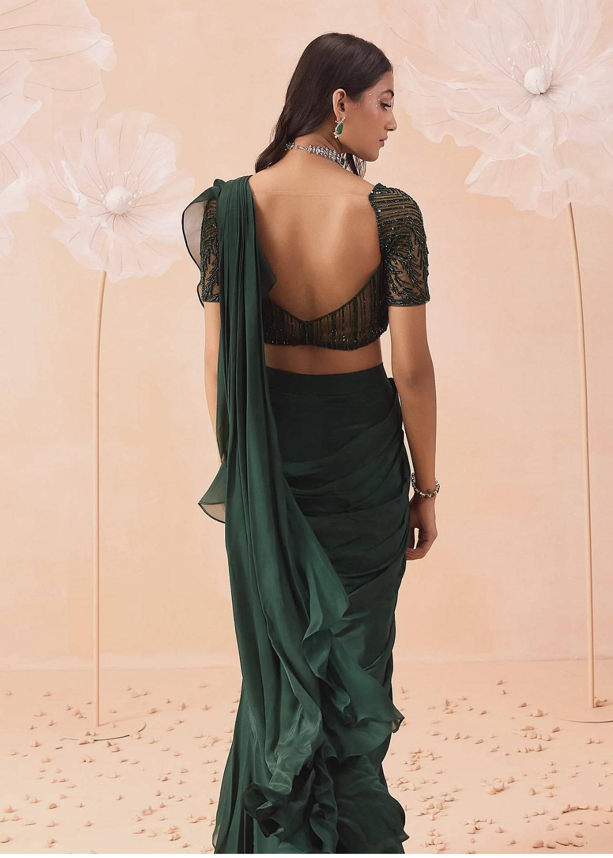 Green Ruffled Pre-Draped Sari Image - 2