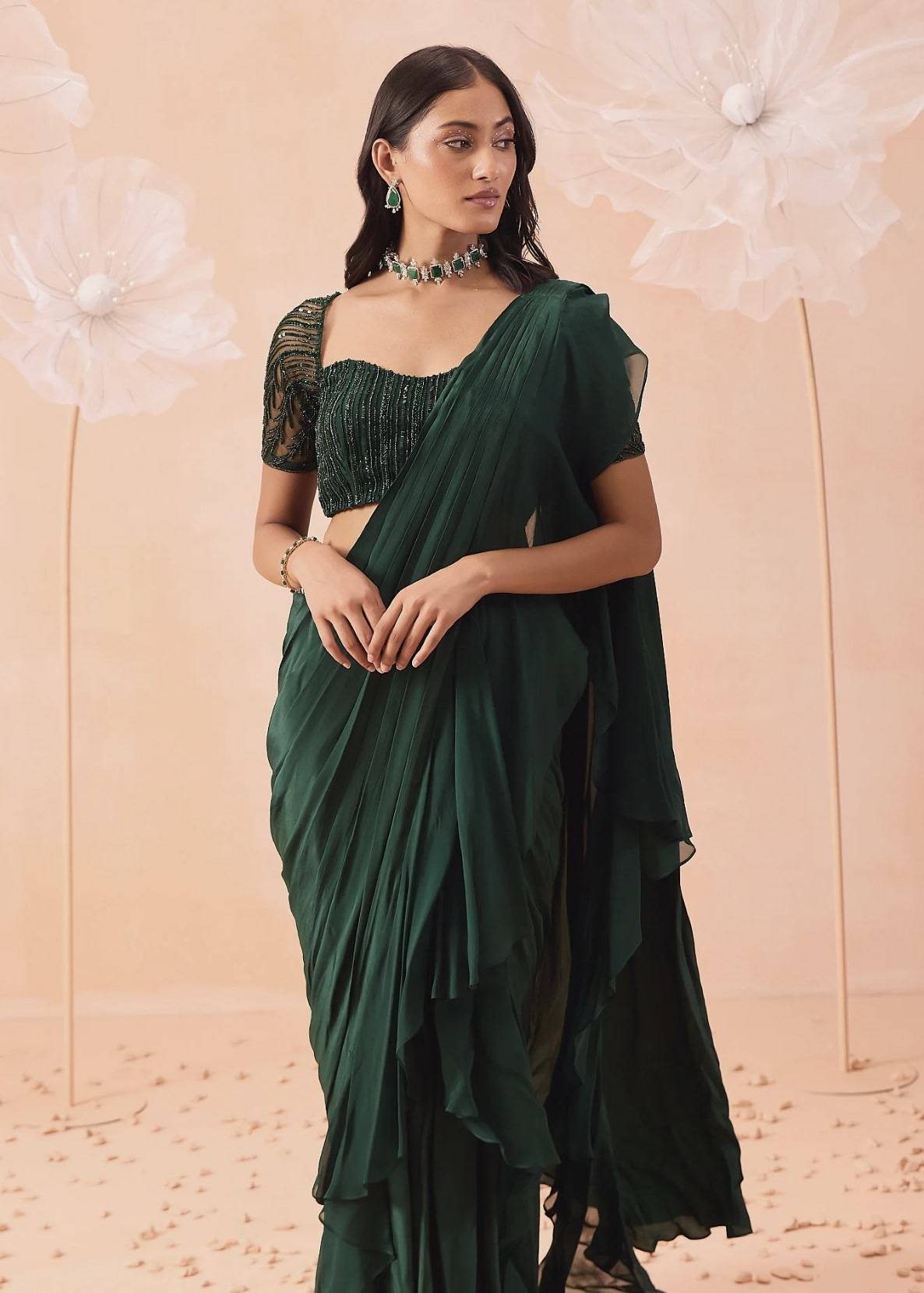 Green Ruffled Pre-Draped Sari Image - 1