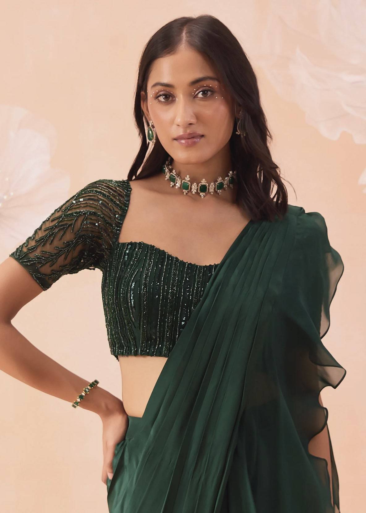 Green Ruffled Pre-Draped Sari Image - 3