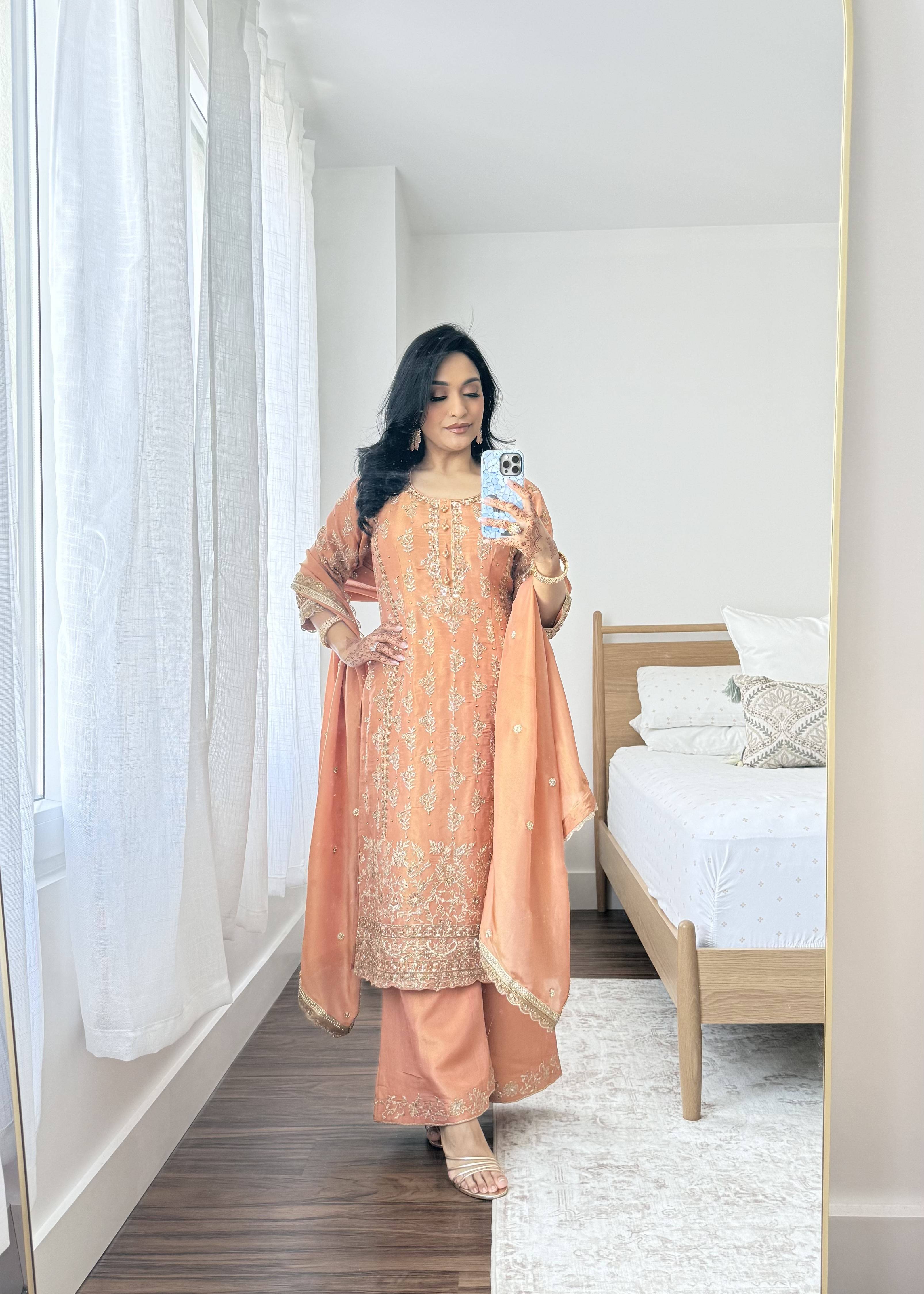Rust Orange Embroidered Kurta Set Image - 2