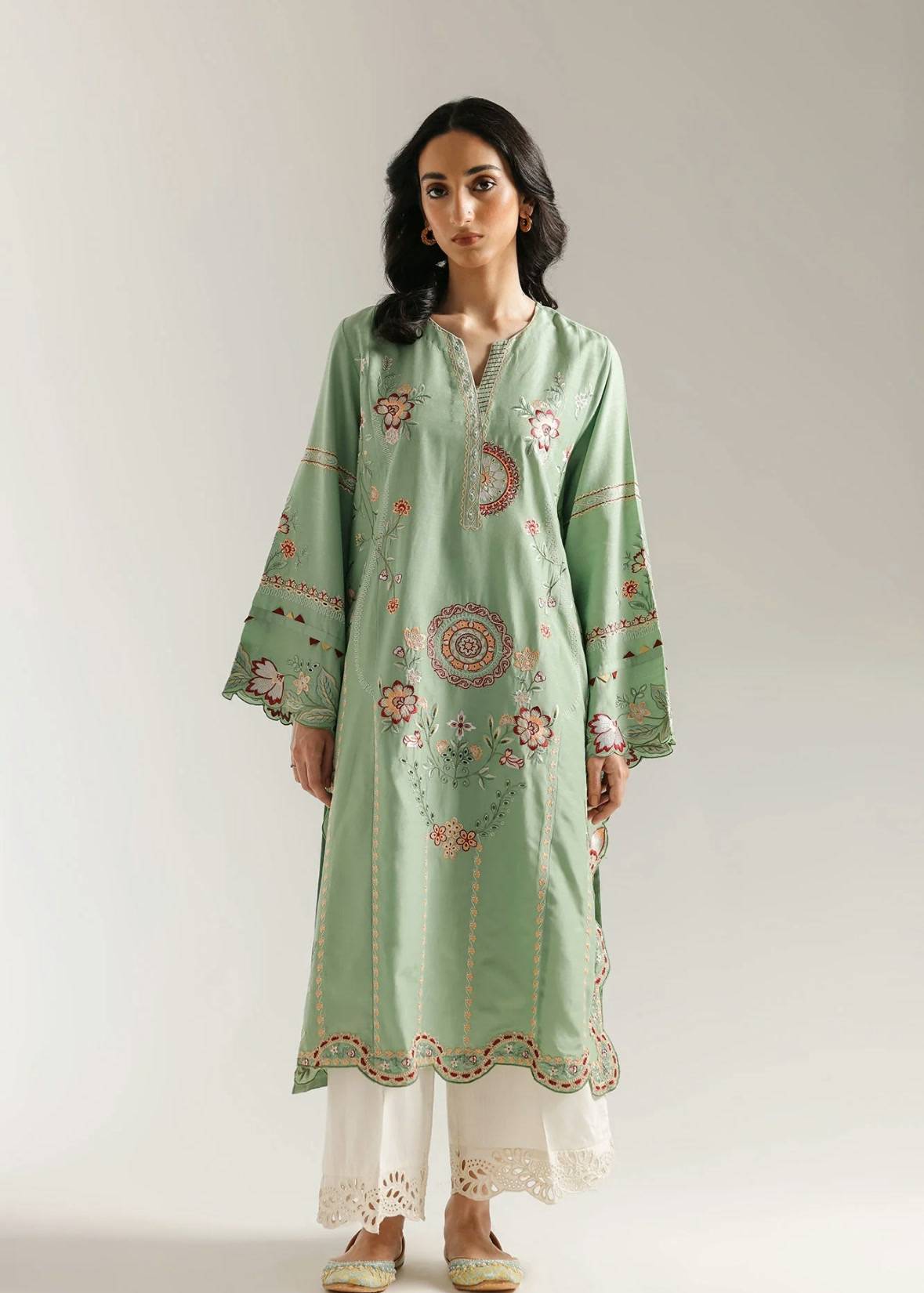 Sage Green Floral Embroidered Kurta Image - 3