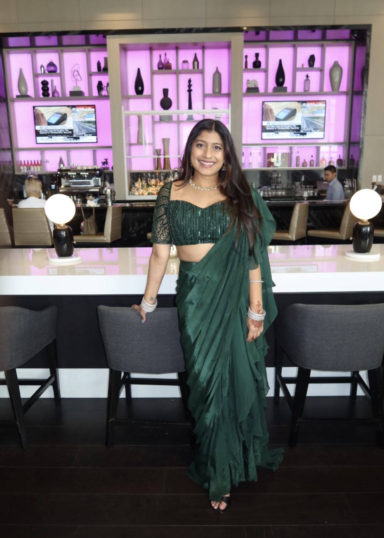 Green Ruffled Pre-Draped Sari Image - 5