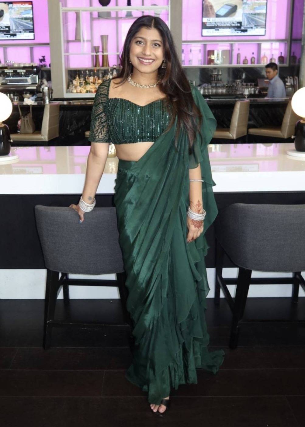 Green Ruffled Pre-Draped Sari Image - 0