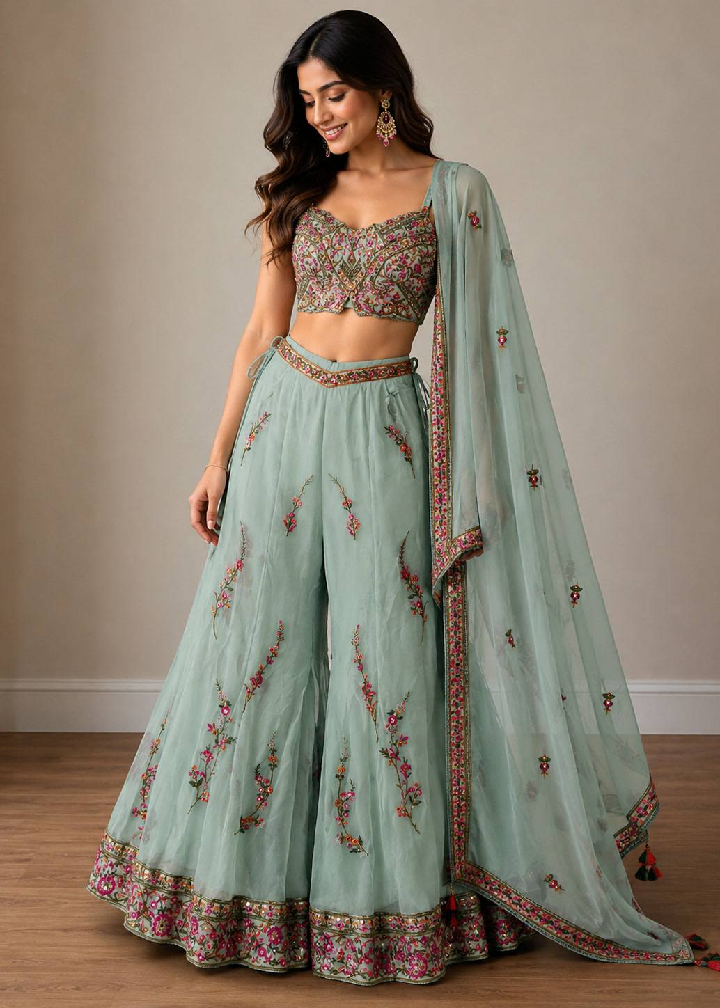 Sage Green Floral Sharara Image - 0