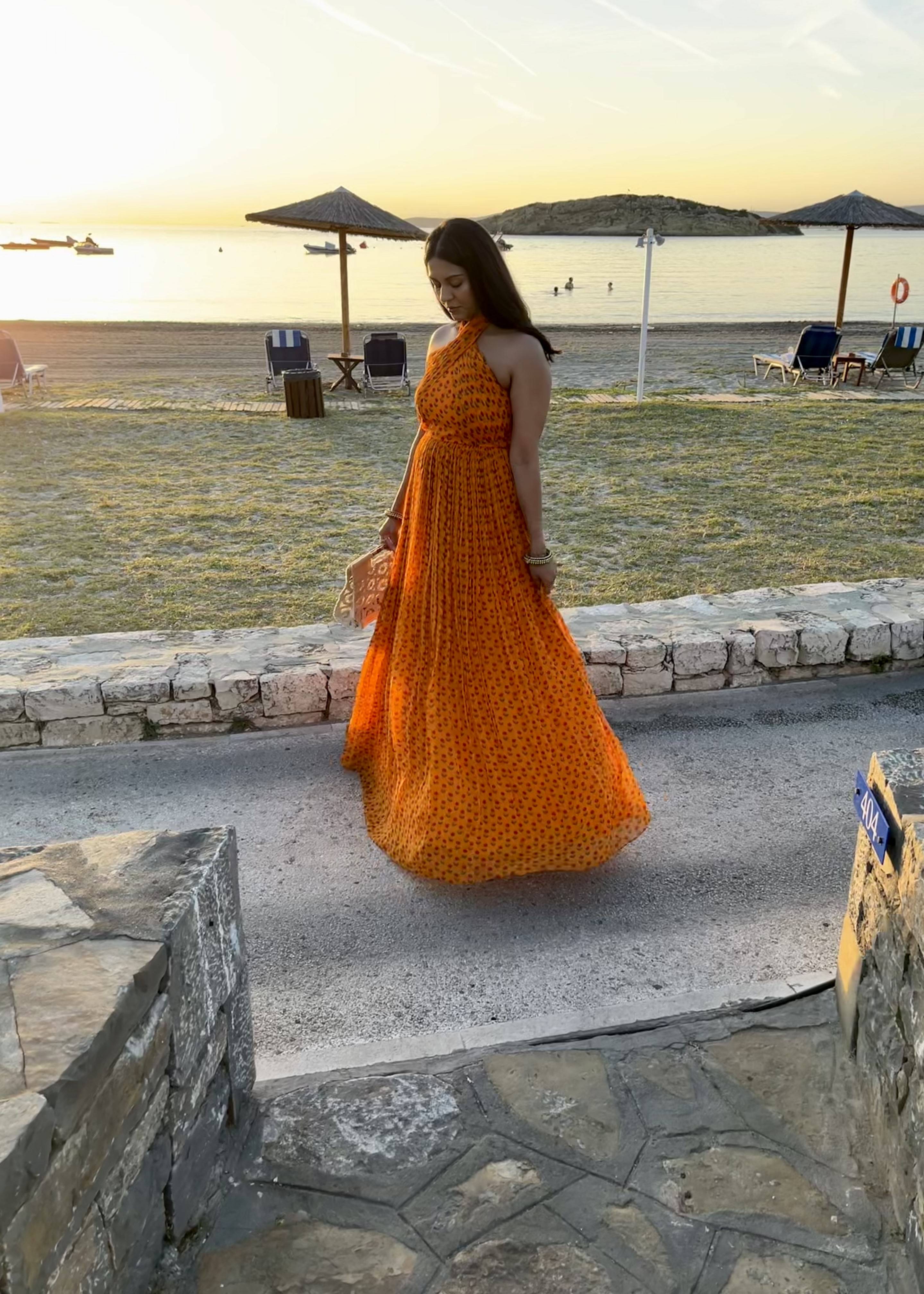 Orange Floral Halter Gown Image - 2
