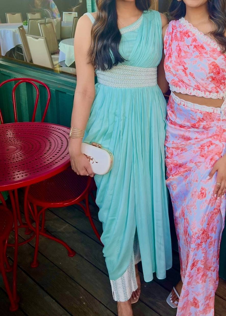 Teal Blue Pant Sari Set Image - 0