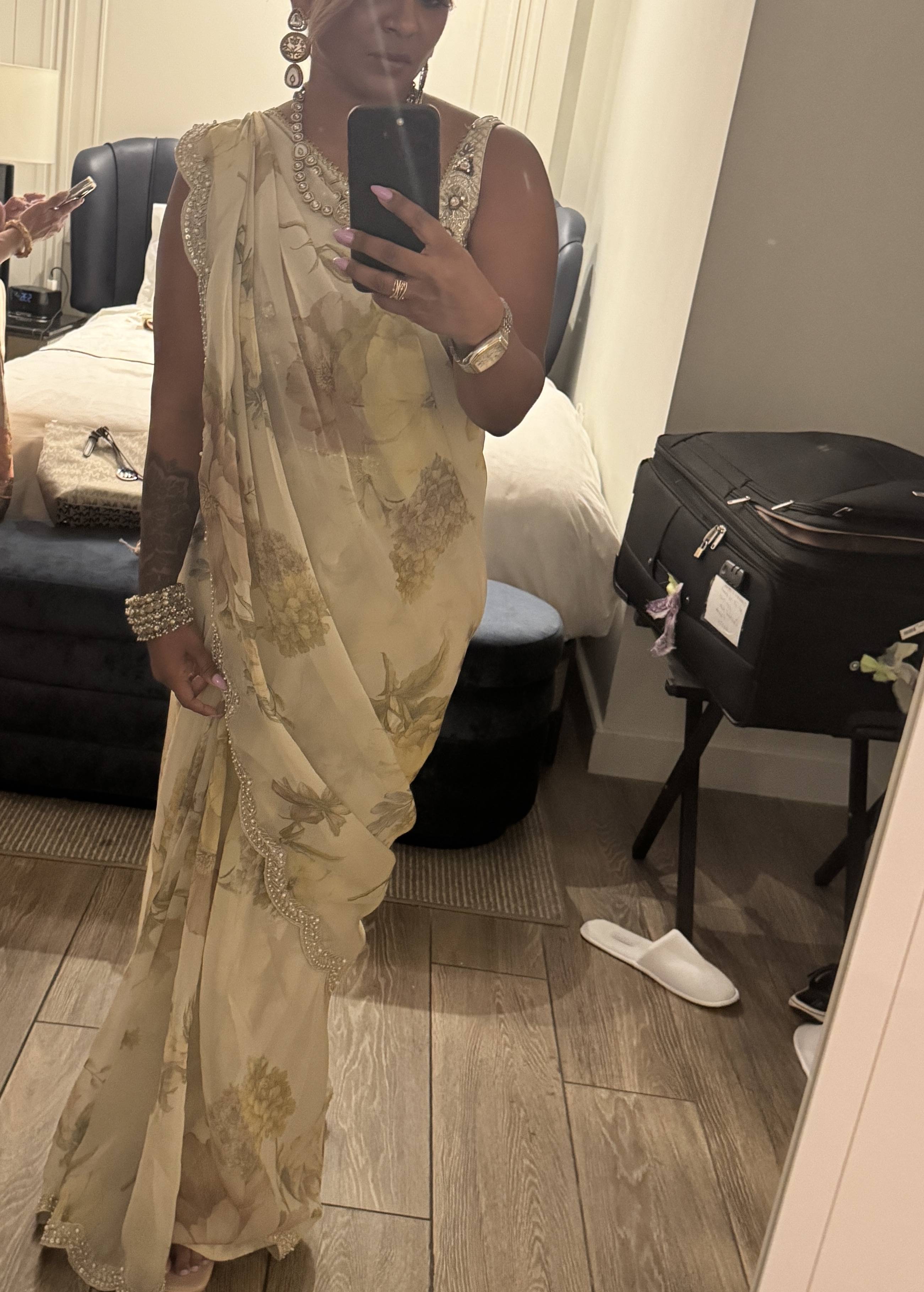 Ivory Floral Pearl-Embellished Sari Image - 0