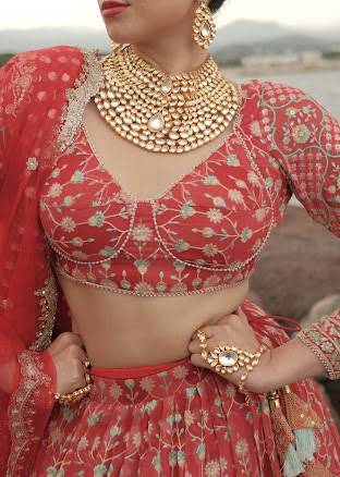 Red Long-Sleeve Lehenga Image - 2