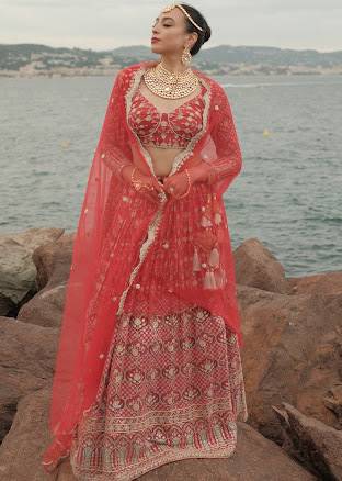 Red Long-Sleeve Lehenga Image - 1
