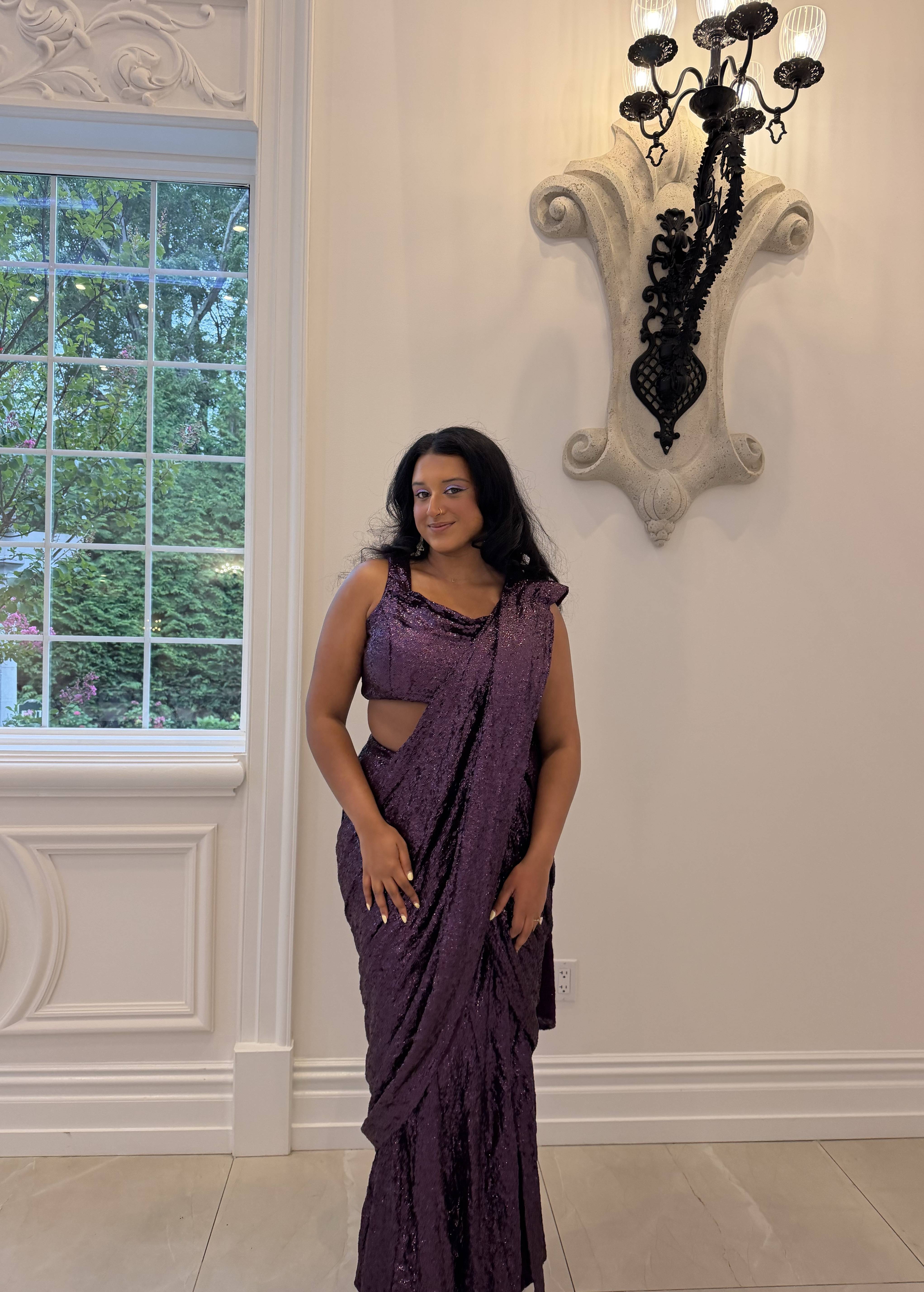 Plum Sequin Pre-Draped Sari Image - 2