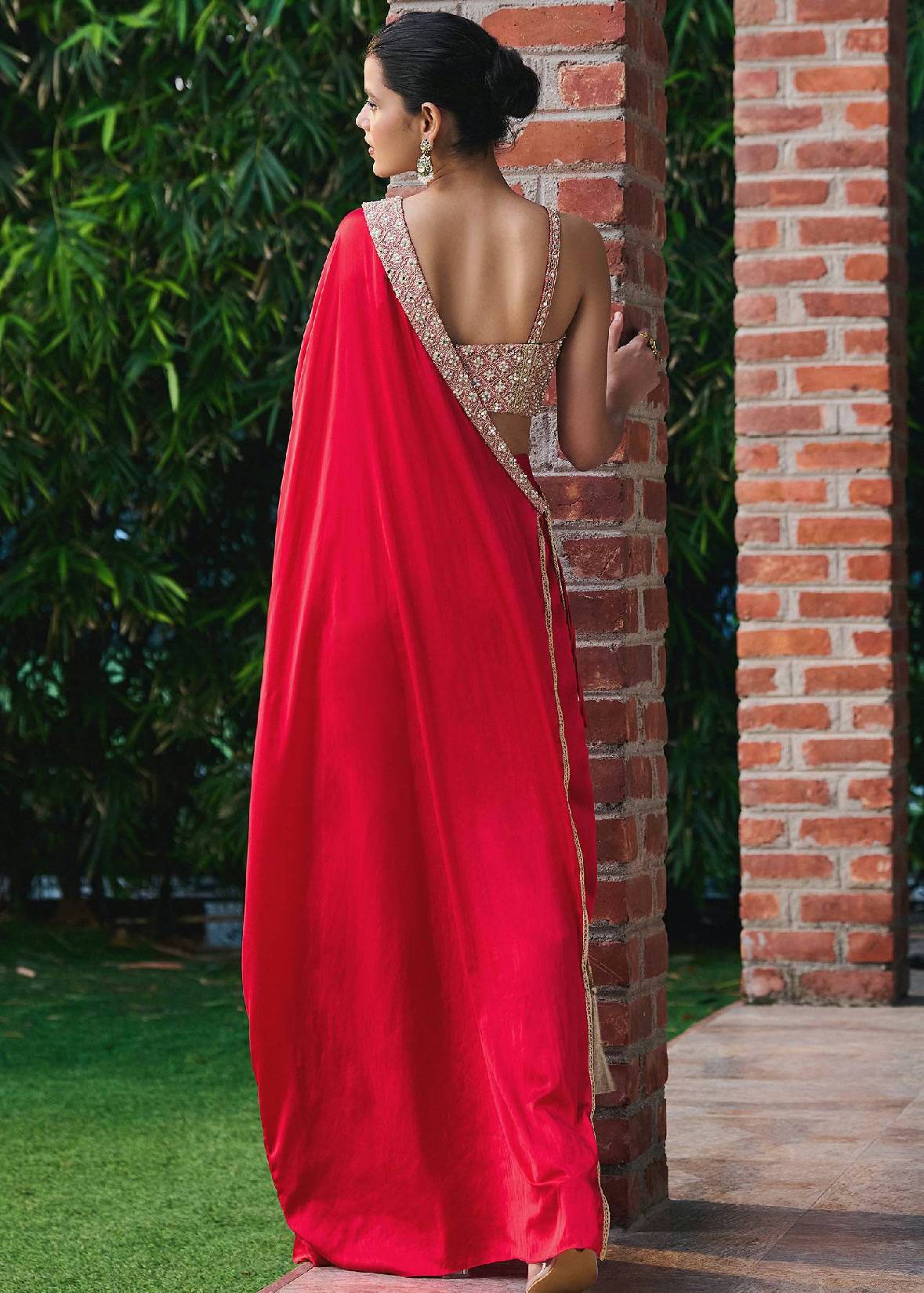 Red Mirror-Work Kaftan Sari Image - 1