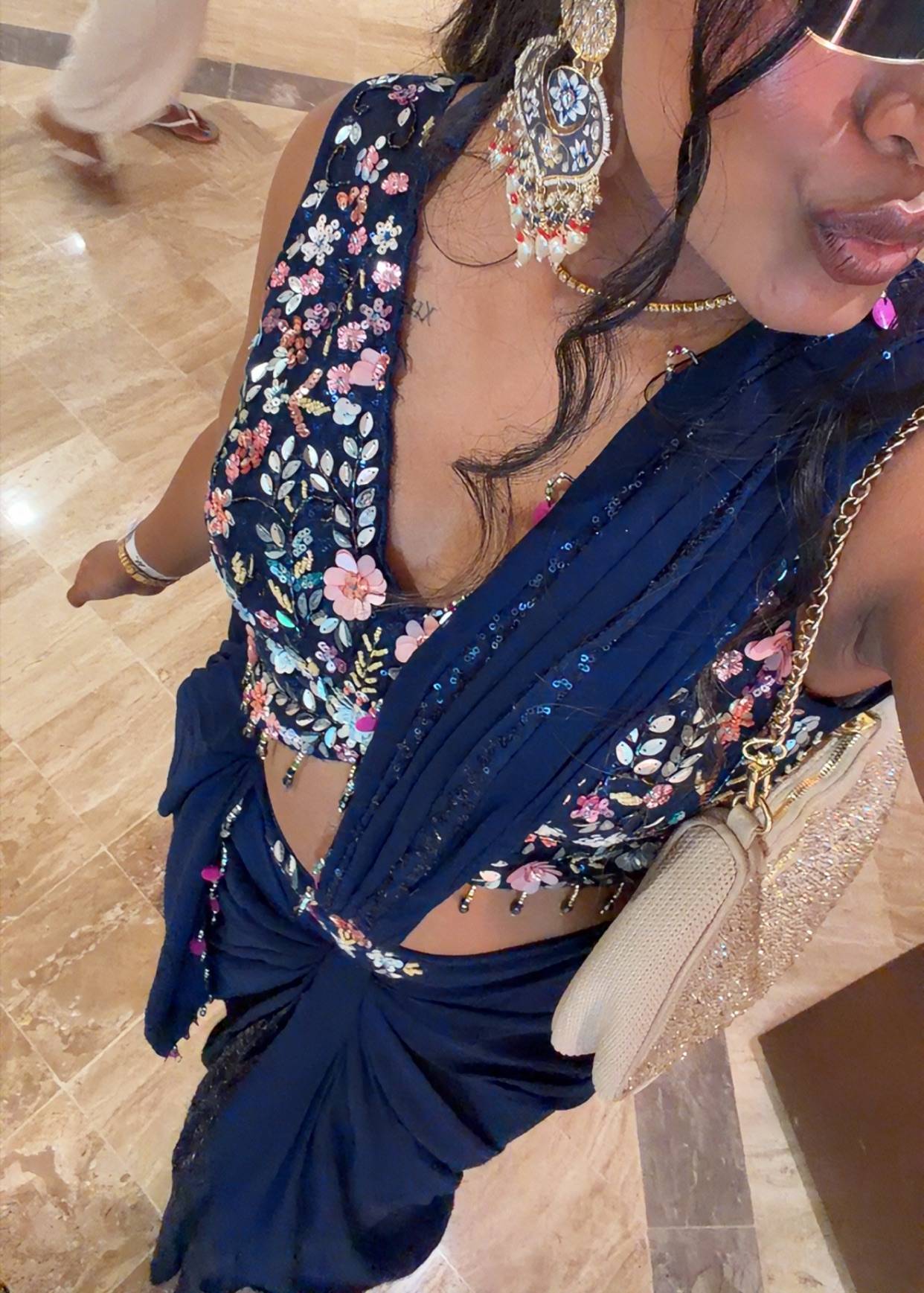 Navy Floral Pre-Draped Sari Image - 1