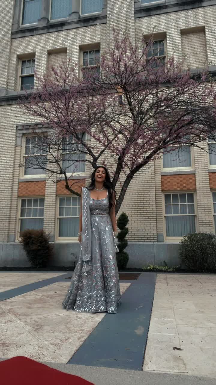 Grey Floral Net Lehenga Image - 2