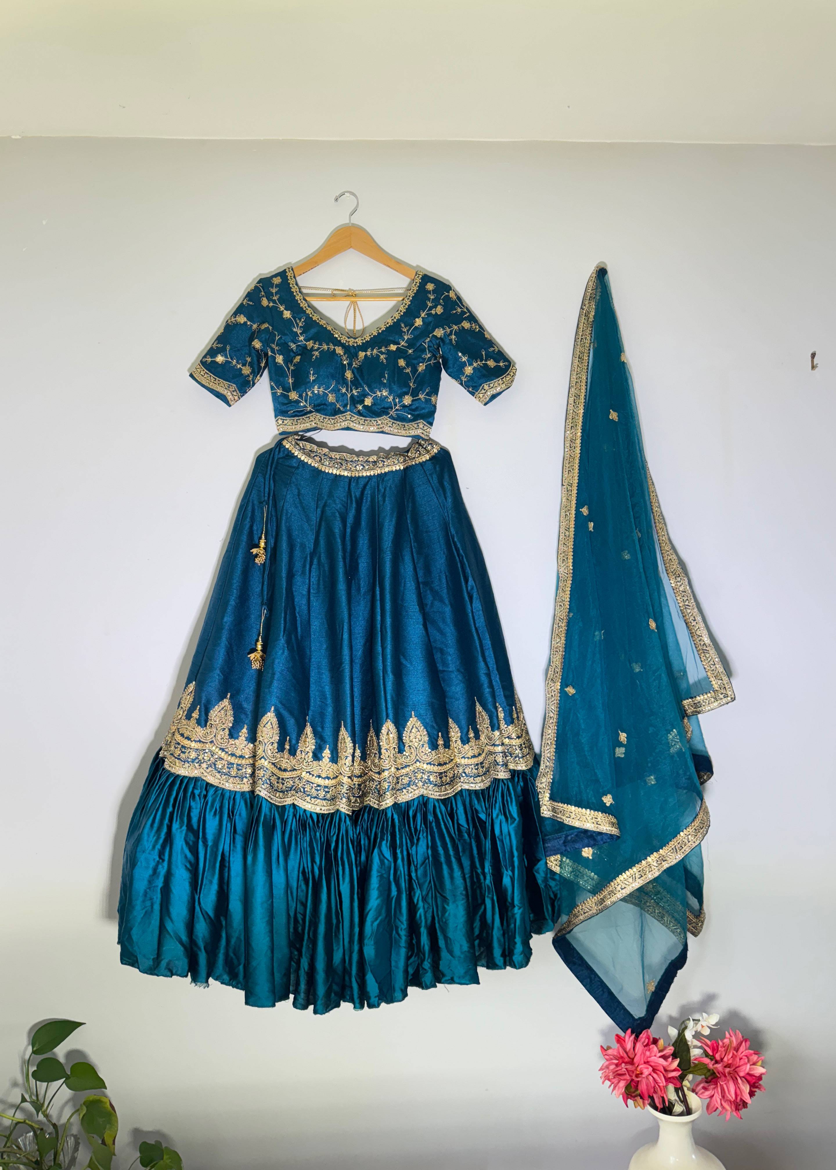 Teal and Gold Embroidered Lehenga Image - 2