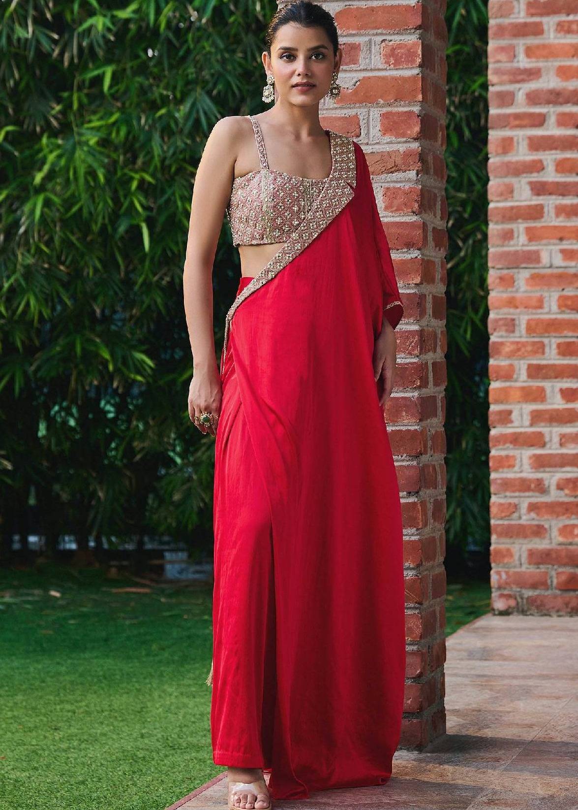 Red Mirror-Work Kaftan Sari Image - 0