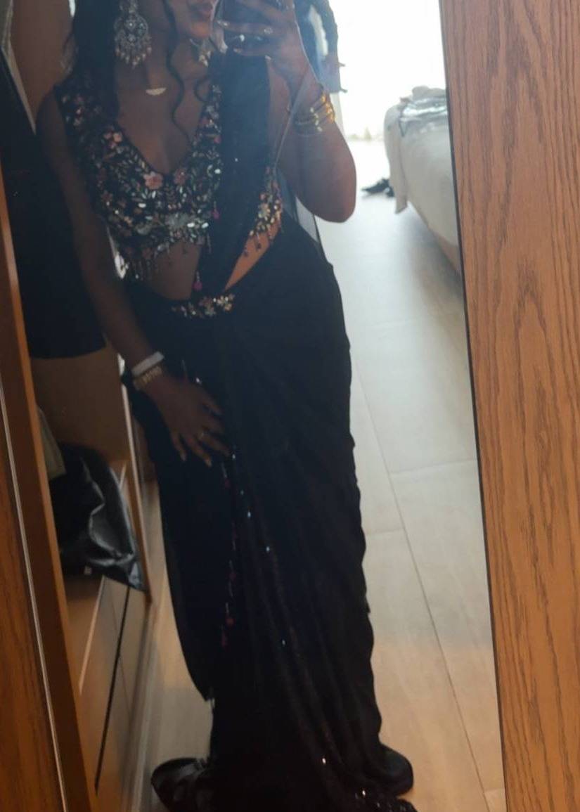 Navy Floral Pre-Draped Sari Image - 2